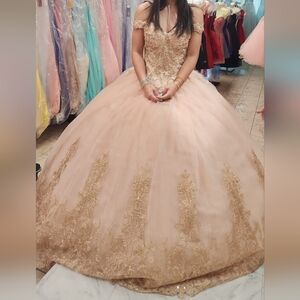 I’m selling a princess-cut dress in champagne pink with gold details, fitted des